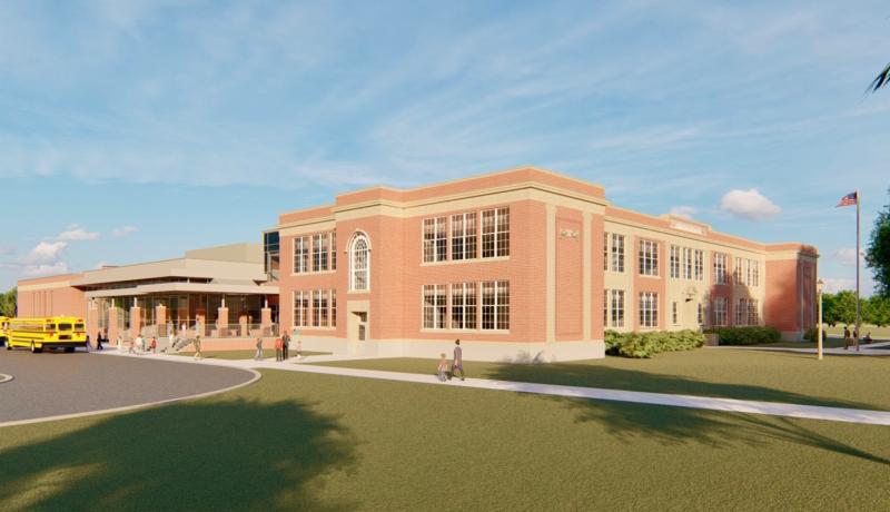 Cape’s aggressive building program is continuing in Milton and in Lewes. This artist’s conception, from a Sussex Drive vantage point, shows how the 1921 Lewes School structure will be rehabilitated and expanded to become the new Richard A. Shields Elementary School. SUBMITTED ARTWORK